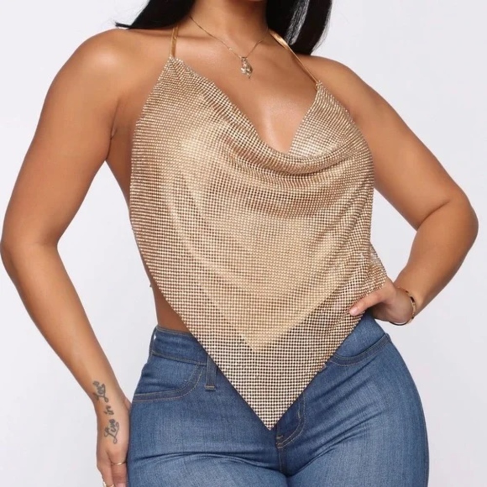 Fashion Nova Gold Rhinestone Mesh Top - Picture 4 of 14